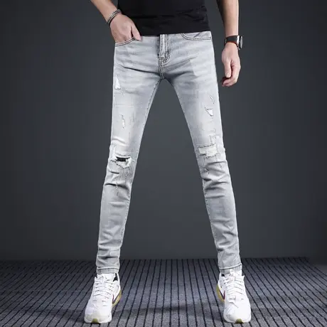 香港破洞牛仔裤男款修身小脚2024新款春夏季浅色弹力男士裤子潮牌商品大图