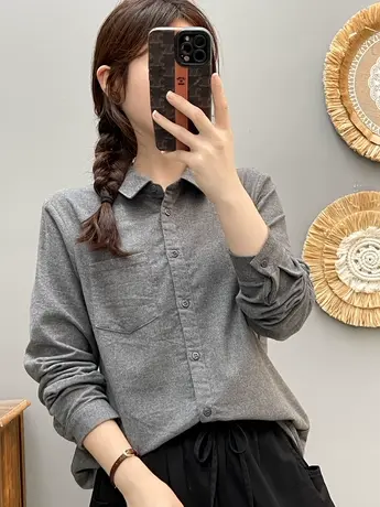 春秋季简约纯棉磨毛翻领纯色衬衫女法式复古百搭衬衣宽松显瘦叠穿图片