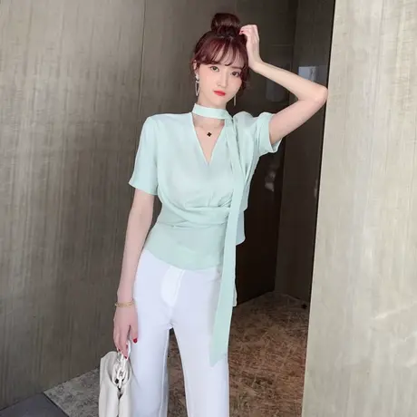 夏季女装衬衫雪纺纯色百搭修身t恤女2023新款时尚气质设计感小衫图片