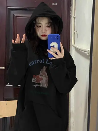 秋冬加绒加厚连帽卫衣女大码宽松慵懒风美式复古vintage古着外套商品大图