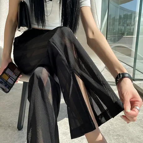 雪纺黑色休闲裤子女夏季薄款宽松高腰垂感冰丝防晒防蚊阔腿直筒裤图片