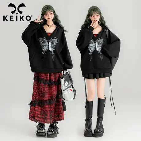 KEIKO 酷感蝴蝶印花黑色连帽卫衣女24春季慵懒风oversize宽松外套商品大图