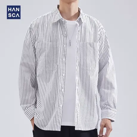 hansca高级感条纹衬衫男宽松大码2022秋季日系复古休闲衬衣外套潮商品大图