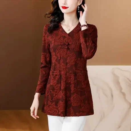 春装2024新款中长款打底衫女新中式V领时尚长袖t恤女宽松显瘦小衫图片