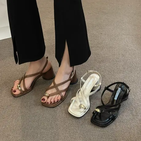 法式夹趾凉鞋女2024年春夏季新款轻便透气高跟鞋时尚百搭粗跟凉鞋商品大图