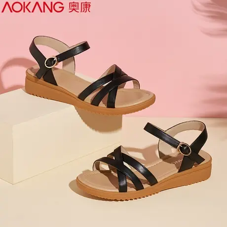 奥康女凉鞋夏季新款平底坡跟休闲真皮百搭凉鞋女软底舒适防滑鞋子商品大图