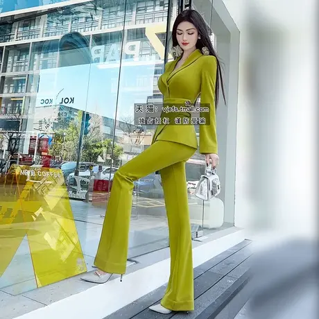 VJE春季OL收腰小西装微喇叭裤两件套2023新款干练女王范职业套装商品大图