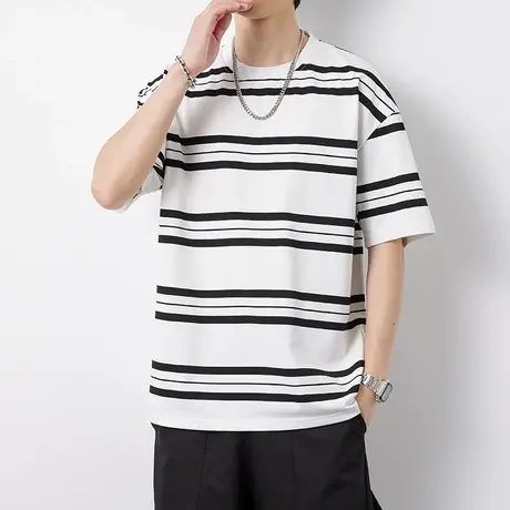 短袖t恤男士夏季薄款宽松情侣装重磅条纹半袖上衣潮流百搭打底衫商品大图