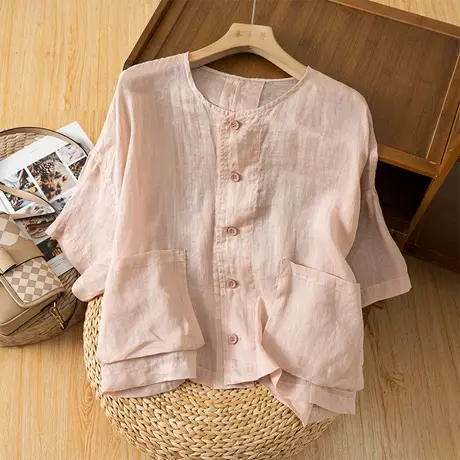 享永子五分袖苎麻上衣女夏文艺复古棉麻小衫宽松显瘦休闲2023新款图片