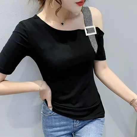 一字肩气质女装性感露肩T恤女短袖夏小众心机上衣洋气修身体恤潮商品大图