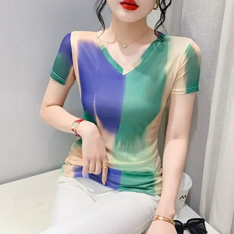 网纱T恤女短袖2023夏装新款性感V领修身上衣拼色印花印花气质体恤商品大图