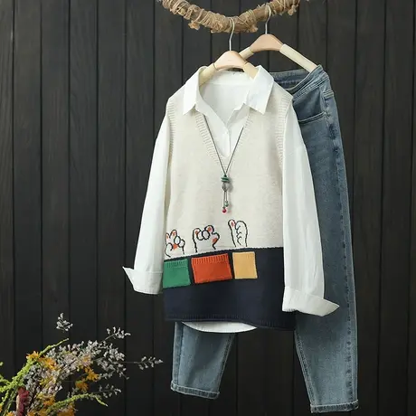 V领针织马甲女士秋季新款宽松外穿减龄百搭毛衣背心无袖坎肩马夹商品大图