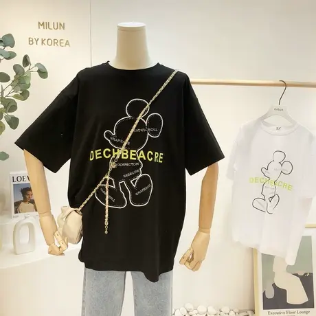 2021春夏新款韩国东大门宽松大版T恤字母水钻卡通休闲短袖大码女商品大图