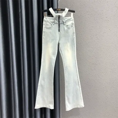 美式辣妹街头风性感镂空牛仔裤女2023夏季港味高腰修身微喇裤长裤图片