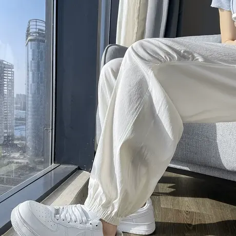 黑色束脚运动裤女夏季薄款高腰宽松显瘦九分小个子休闲速干哈伦裤商品大图