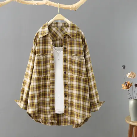 韩版格子衬衫2023春季新款印花女装上衣宽松休闲长袖纯棉外套衬衣图片
