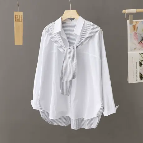 设计感小众条纹白色衬衫女宽松中长款披肩假两件设计感小众衬衣女商品大图