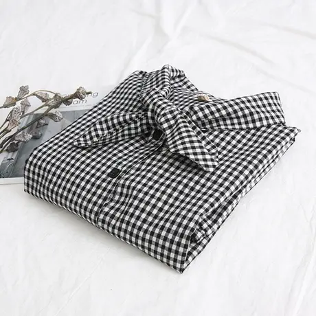 2019春装新款韩版兔耳朵黑白小格子衬衣女学院风内搭长袖衬衫上衣图片