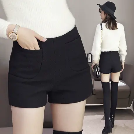 毛呢短裤女秋冬新款高腰修身口袋a字阔腿裤加厚显瘦外穿打底靴裤图片