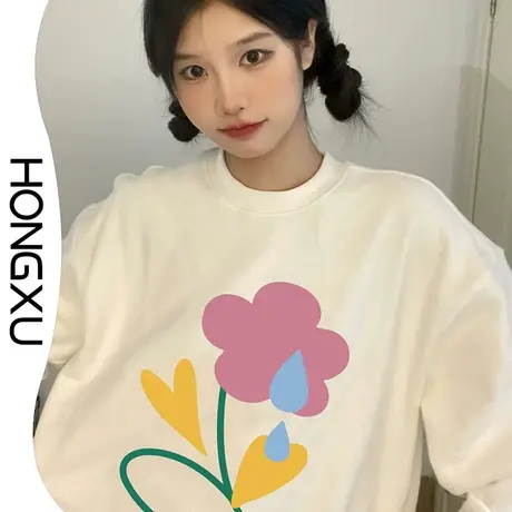 红续冬季加绒加厚卫衣女小众设计感印花套头圆领上衣百搭显瘦宽松商品大图