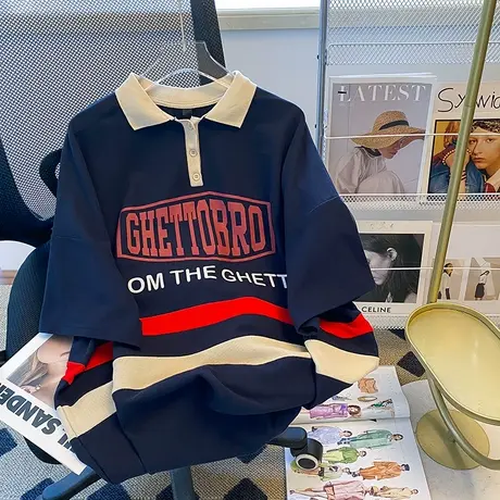 polo领设计感小众短袖t恤女ins潮牌夏季宽松港味复古chic大版上衣商品大图