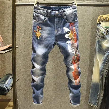 网红潮牌牛仔裤男修身小脚裤国潮风刺绣弹力男裤韩版夏天潮流薄裤商品大图