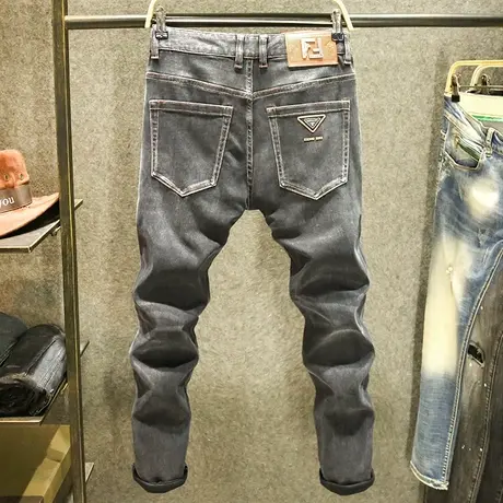 男士高档牛仔裤男春季新款轻奢黑灰色个性潮牌水洗弹力修身小脚裤商品大图