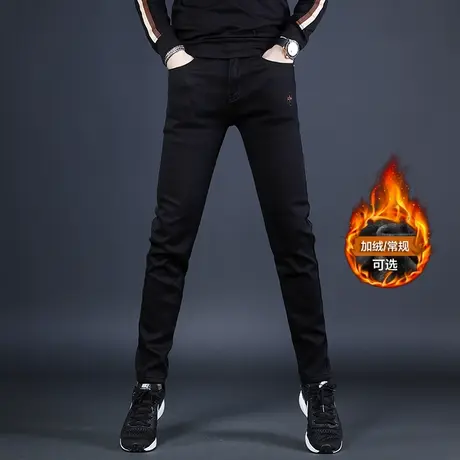 纯黑色牛仔裤男秋冬款2022年新款修身小脚男士休闲裤百搭加绒厚款商品大图