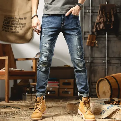 浅色牛仔裤男修身显瘦破洞休闲痞帅潮牌2022新款夏季薄款长裤百搭商品大图