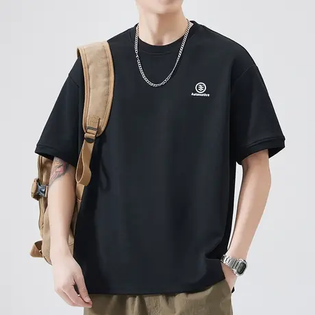 夏季圆领短袖凉感t恤男士2023新款夏天无领短t上衣服男装帅气体恤商品大图