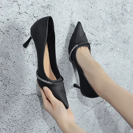 气质高跟鞋尖头细跟休闲百搭日常浅口超纤水钻纯色潮流女神单鞋商品大图