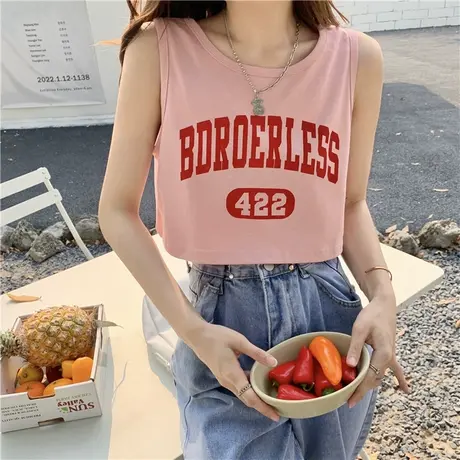 美式休闲运动背心女夏季新款宽松短款无袖T恤高腰露脐港味上衣潮图片
