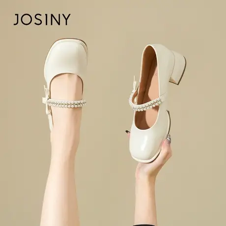 Josiny/卓诗尼复古水钻珍珠玛丽珍鞋女夏季2023年新款粗跟小皮鞋商品大图