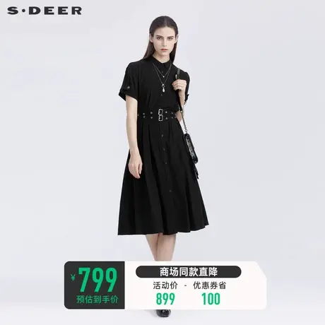 sdeer圣迪奥夏季休闲翻领收腰通勤衬衫连衣裙黑色长裙女S21281224图片