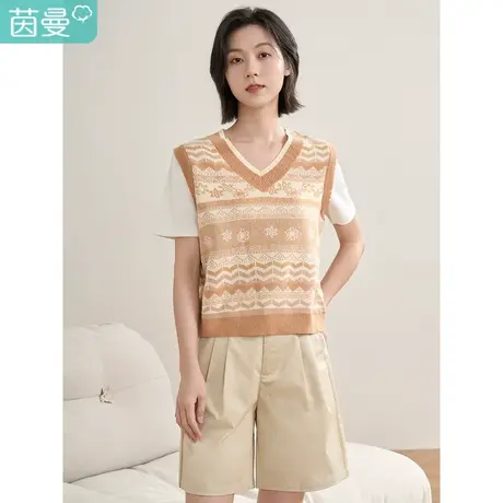 【商场同款】茵曼2023春季女装新款复古文艺V领假两件短袖针织衫商品大图