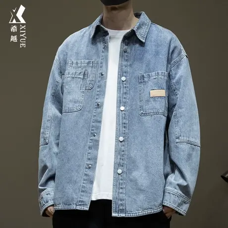 希越男友风休闲牛仔衬衫男2024新款宽松大码设计感不对称口袋衬衣图片