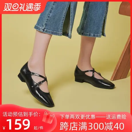 戈美其法式复古方头交叉绑带芭蕾舞鞋女外穿黑色平底玛丽珍单鞋商品大图