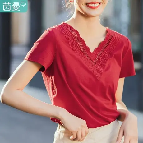 茵曼微弹棉质短袖T恤女V领绣花2023夏新款文艺宽松显瘦打底上衣商品大图