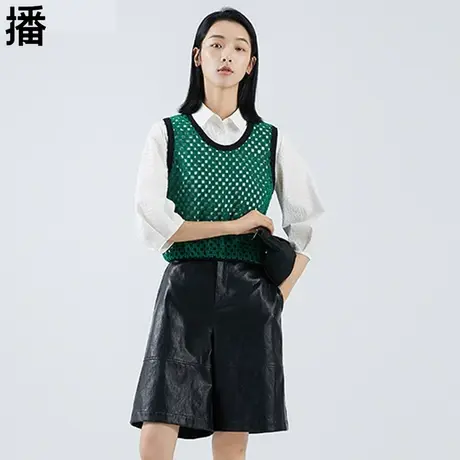 播2023秋季新品素色圆领镂空针法撞色款文艺马甲背心女BDO3YD1237商品大图