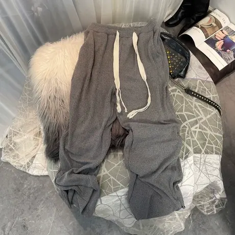 春季2023新款坑纹灰色运动裤女韩国卫裤松紧腰宽松显瘦开叉阔腿裤图片