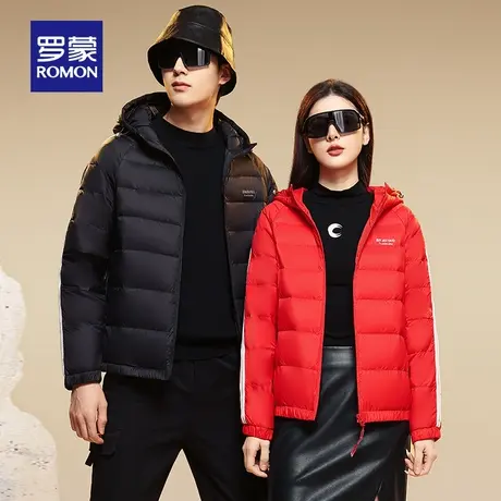 罗蒙情侣装轻薄羽绒服男女同款2023年新款秋冬季连帽时尚保暖外套图片
