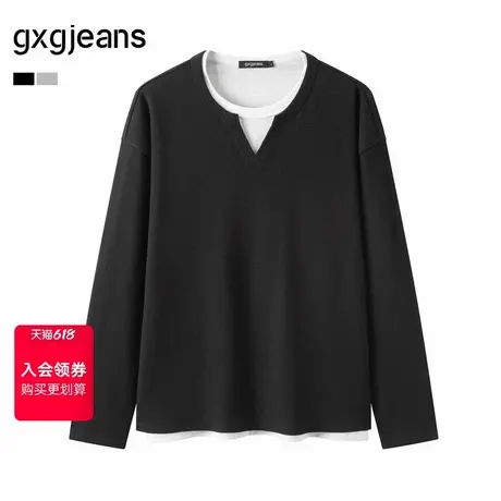 gxg.jeans男装 华夫格叠穿假两件V领长袖卫衣撞色上衣 25年春新品图片