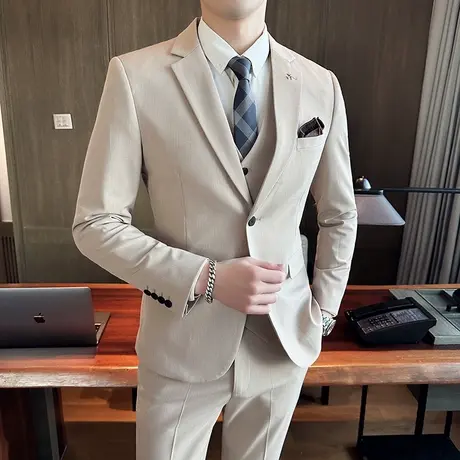 意式西装男春季修身大码痞帅单排两扣商务通勤新郎结婚礼服三件套商品大图