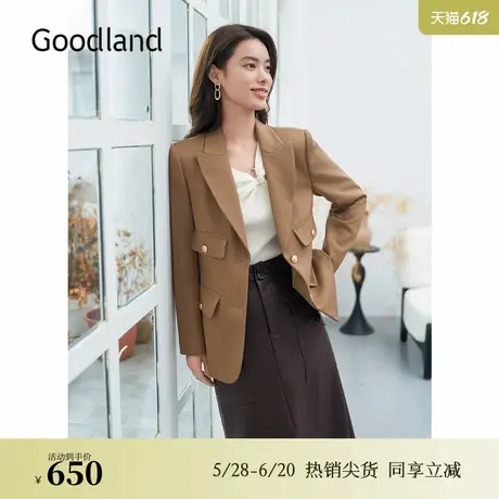 Goodland美地秋季卡其色休闲简约廓形戗驳领西装外套图片