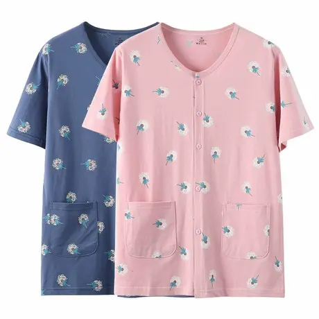 老年人纯棉开衫睡衣女夏薄款短袖家居服妈妈全棉大码宽松上衣单件商品大图