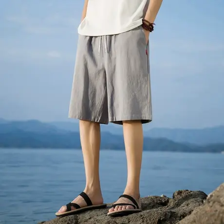 亚麻竹节棉麻宽松男士短裤日系夏季复古水洗中裤青年透气沙滩裤男商品大图