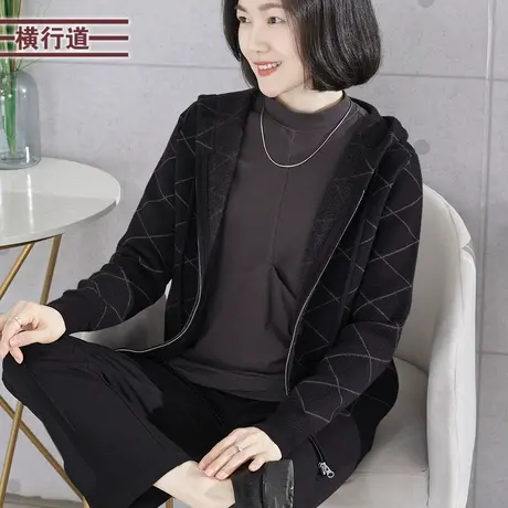 2023冬季新款简约复古连帽拉链菱格宽松针织外套外穿大码上衣服女商品大图