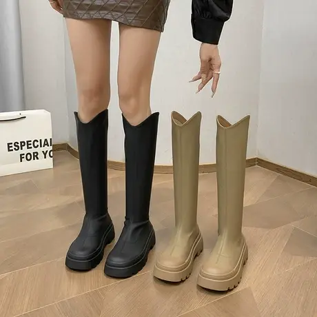 法式v口长筒靴女显瘦骑士靴2023新款秋季厚底增高小个子复古单靴商品大图