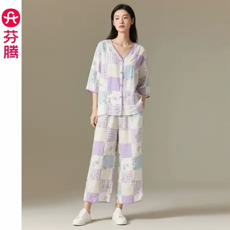 芬腾女士睡衣夏季短袖V领开衫套装2025新款休闲大码可外穿家居服商品大图