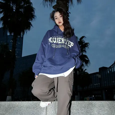 YEP美式复古连帽卫衣女春秋款2025新款宽松oversize长袖上衣ins潮商品大图